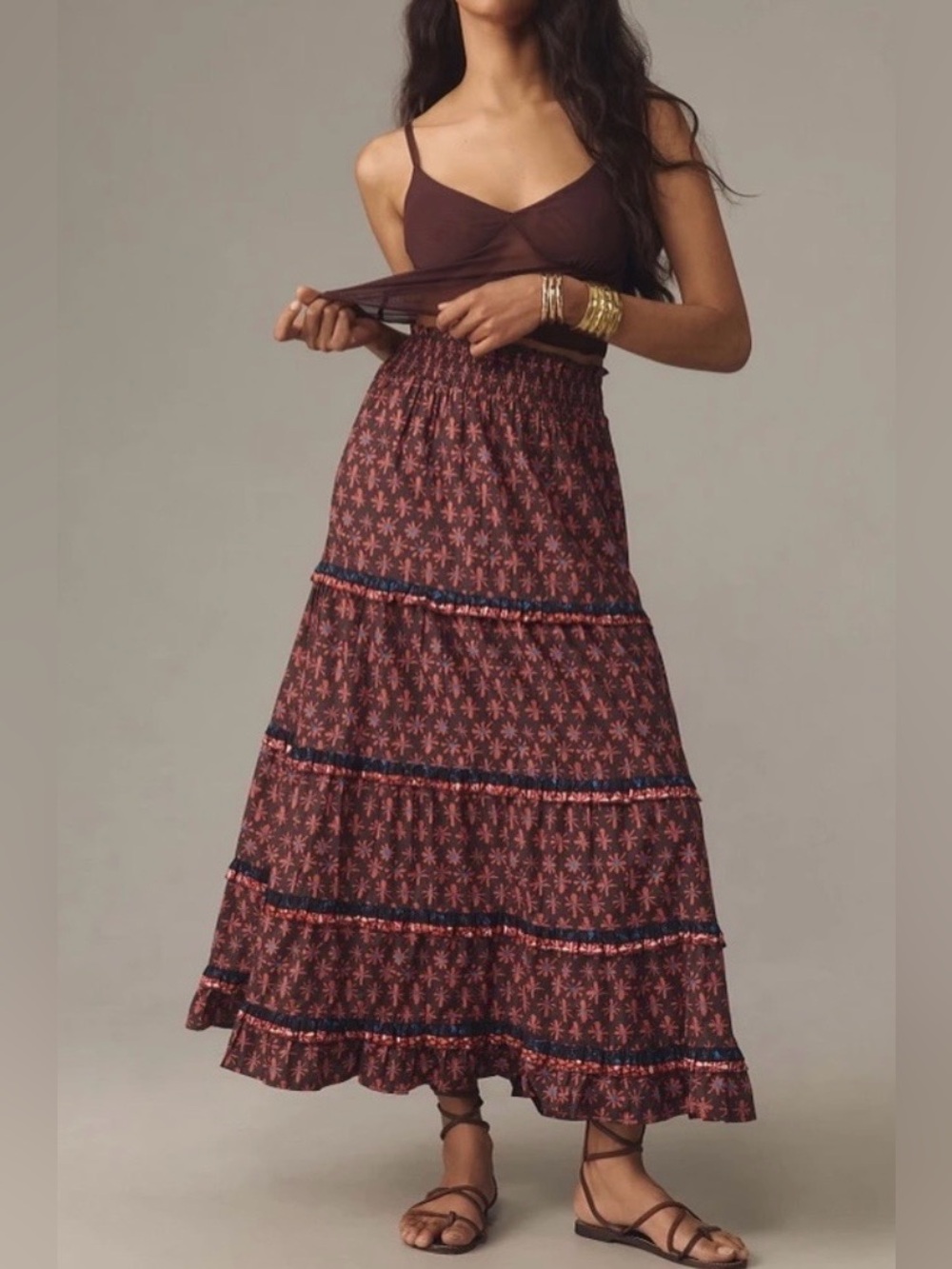 Anthropologie Genevieve Tiered Maxi Skirt Large Brown Red Blue Floral Starburst